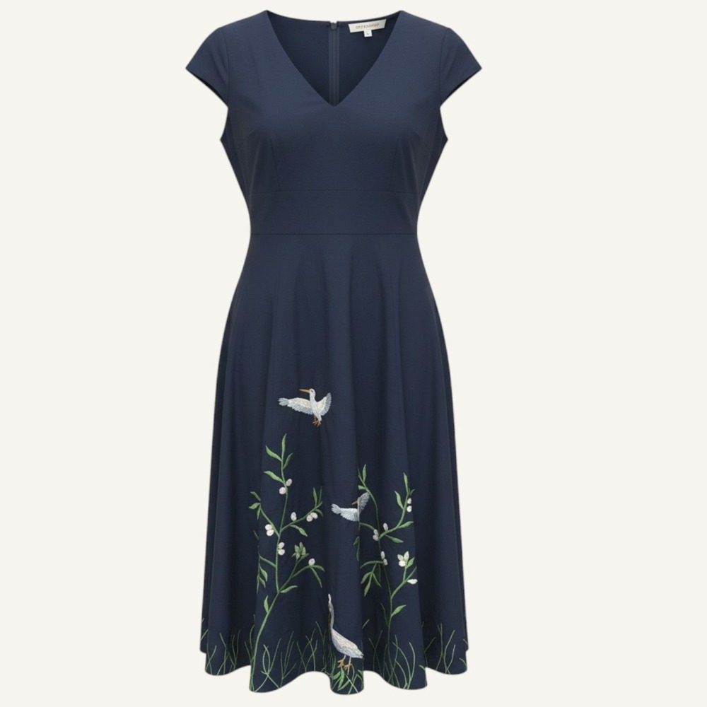 Wayward Fancies eShakti Birds Embroidered Midi Dress Cotton XL/14 Navy Blue